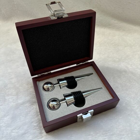 VINTAGE Bank of America Home Loans Metal Wine Stoppers Set of 2 in Hinged Box - Picture 1 of 7